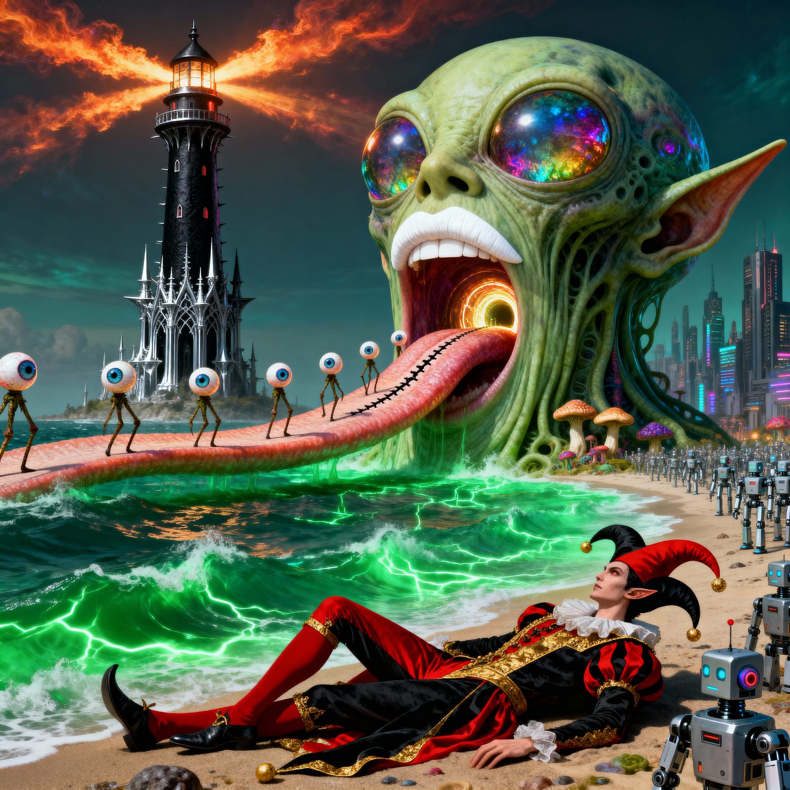 Giant Dark Elf Jester and Gothic Lighthouse Over Electric Oc...