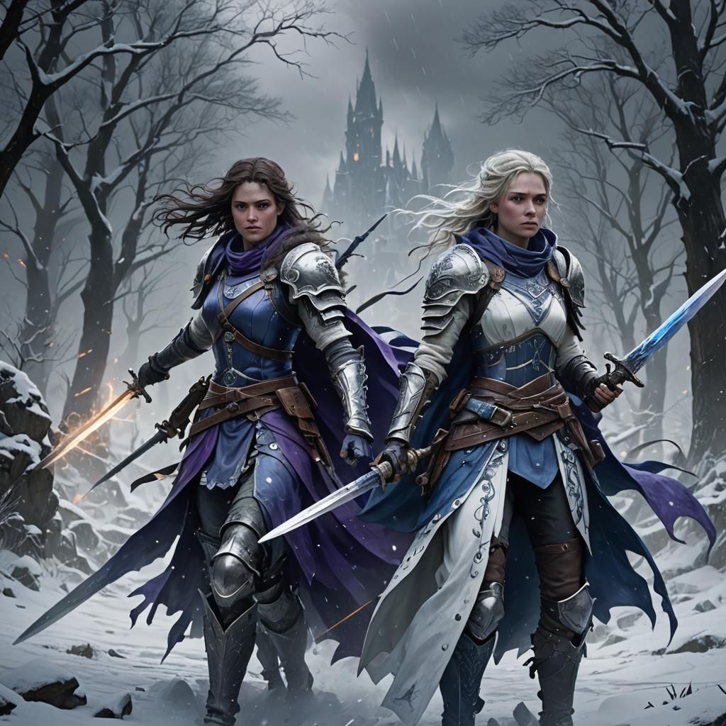 Sisters in Winter Storm, Dark Fantasy Art