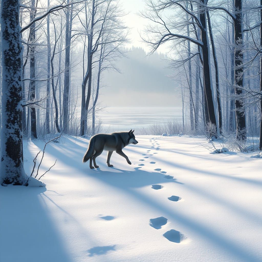 Winter Deciduous Forest Scene with Lone Wolf
