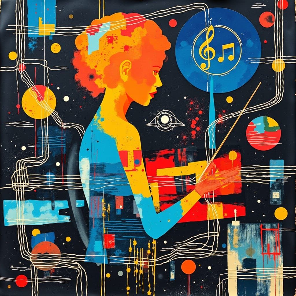 <lora:Azure:1.0> Synthetic aperture photograph of Music and musical notation in orbit of this psychedelic multi-layer gr...