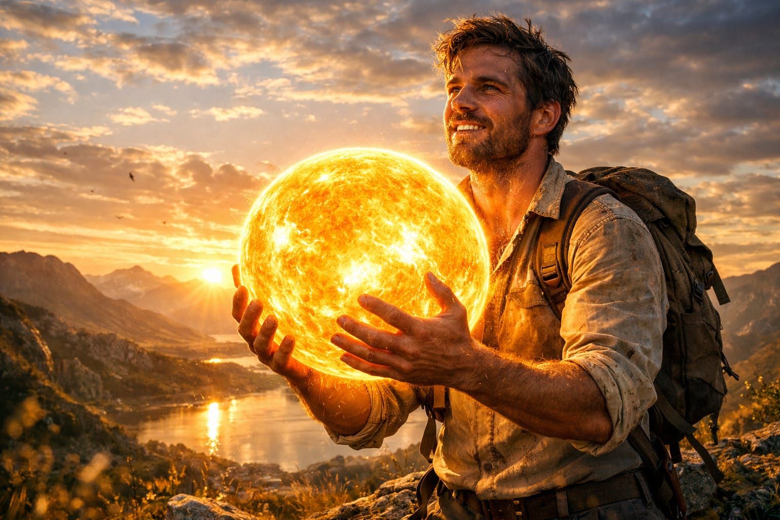 Man Carries Radiant Sun in Optimistic Photorealistic Scene