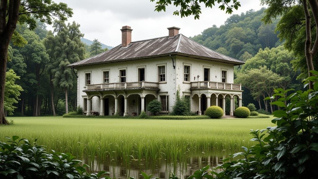 Weathered French Colonial Mansion in Vietnam Jungle