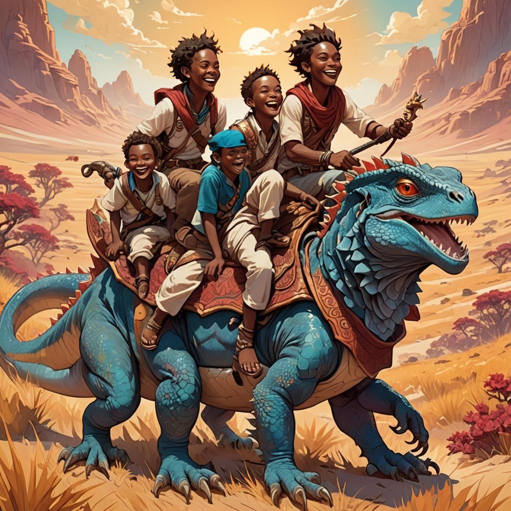 Boys Ride Agama Lizard Across Sunny Plains