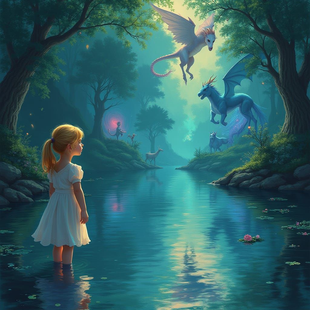 Girl Gazes at Magical World in Calm Lake Reflection