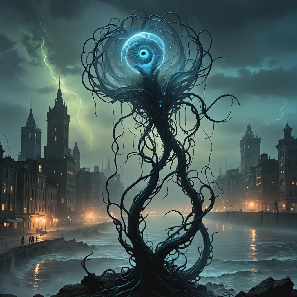 Beksiński-Inspired Dark Fantasy Scene with Glowing Tendril
