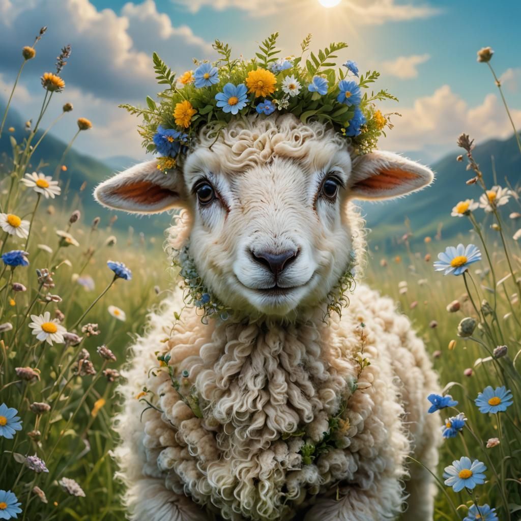 Cute Sheep in Meadow: Fantasy Concept Art