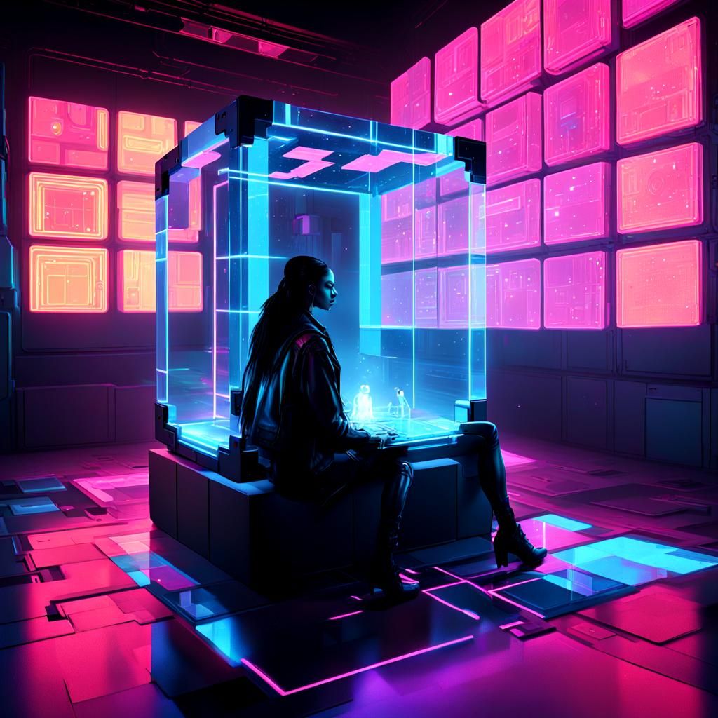 Cyberpunk Girl Hologram Emerging from Holographic Cubes in a...