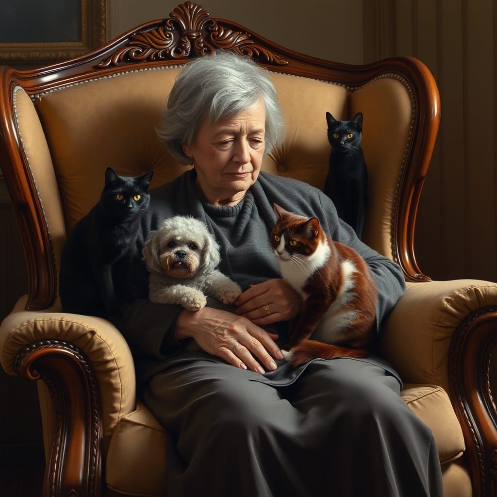 Elderly Woman with Cats in Dutch Master Style