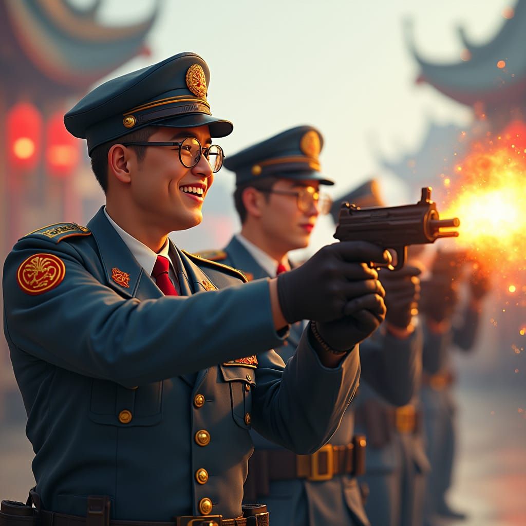 Chinese Police Celebrate with Guns: Digital Art