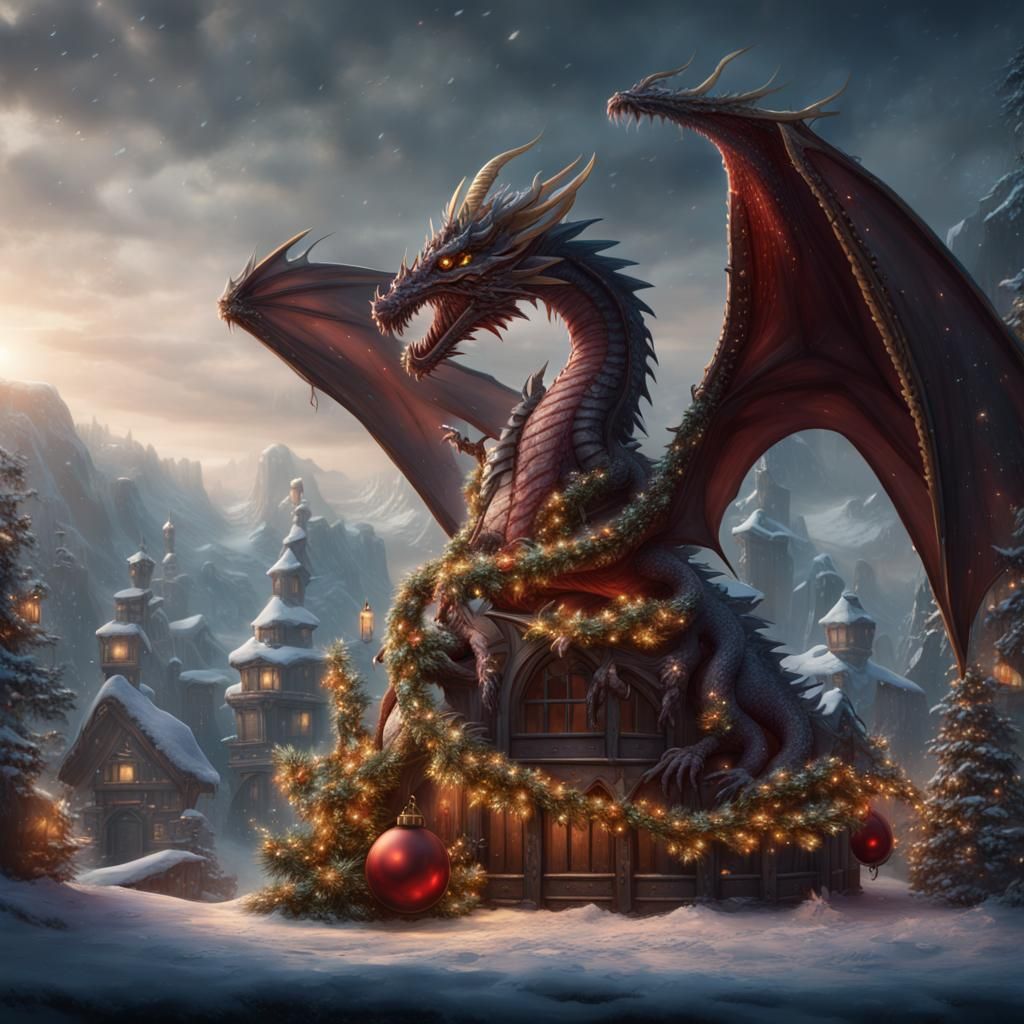 Festive Dragon with Christmas List: Detailed Digital Art
