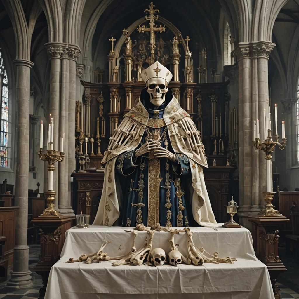 Bishop Skeleton in Gloomy Church, Photorealistic Art