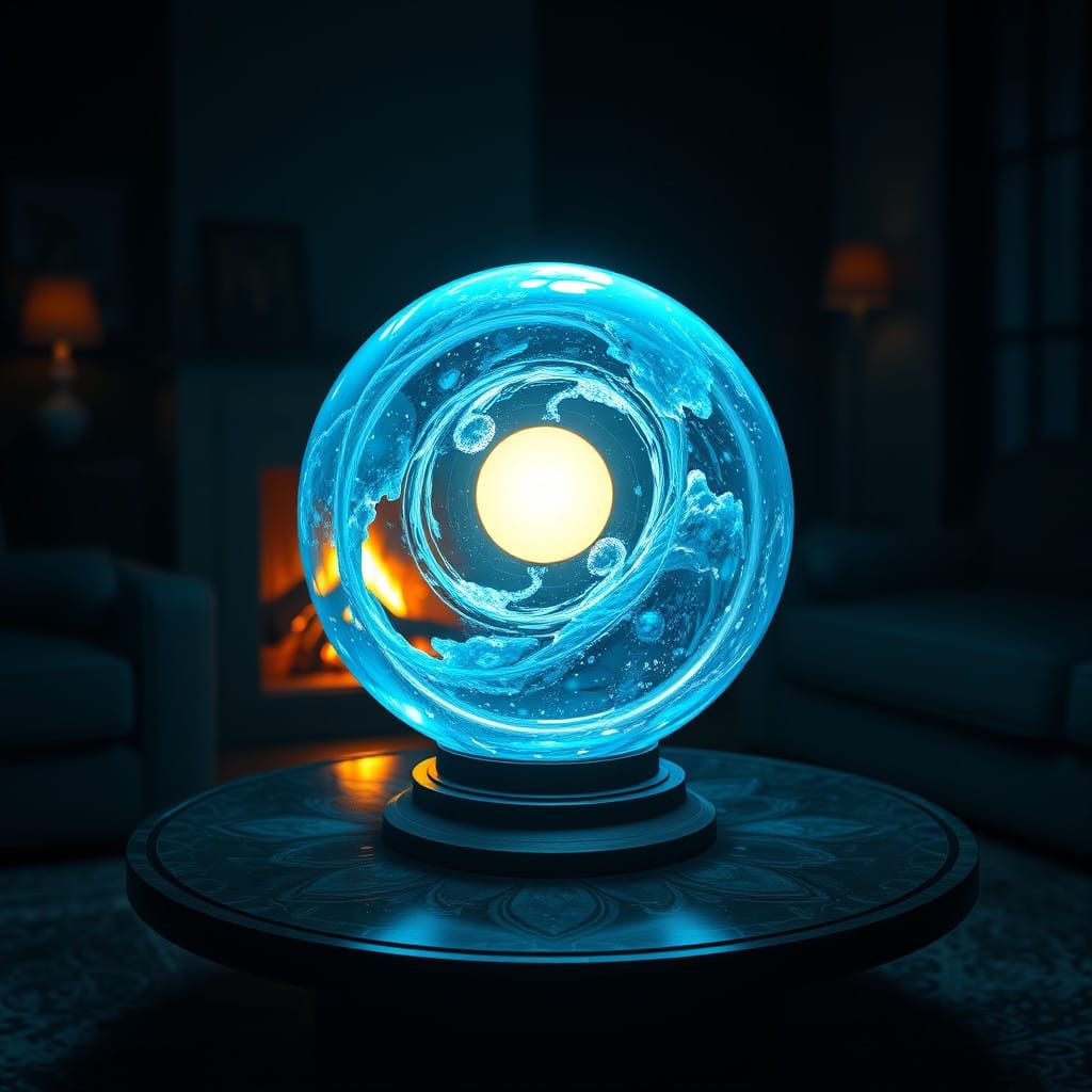 A clear, see-through, blue glow in the dark Crystal ball of ...
