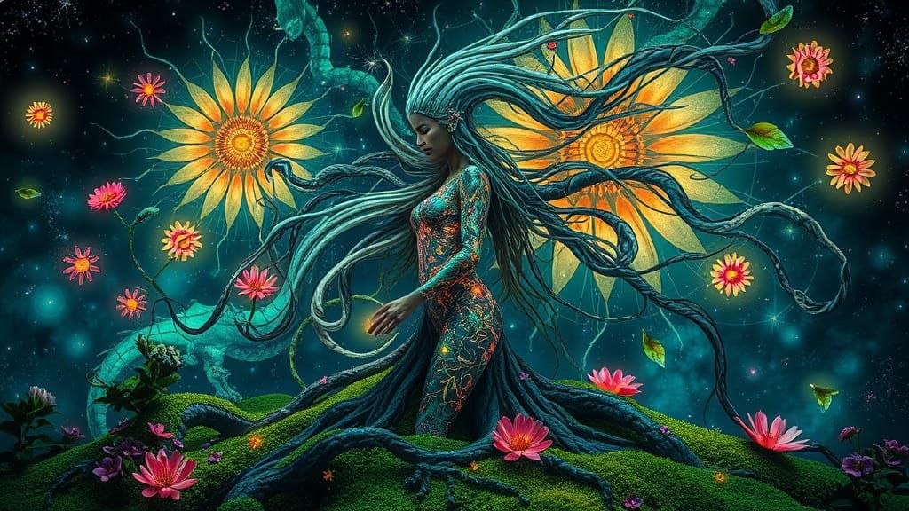 Bioluminescent Garden with Mirror Roots and Mythical Creatur...