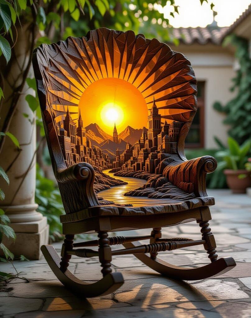 Ornate Rocking Chair with Geocore Cityscape Art
