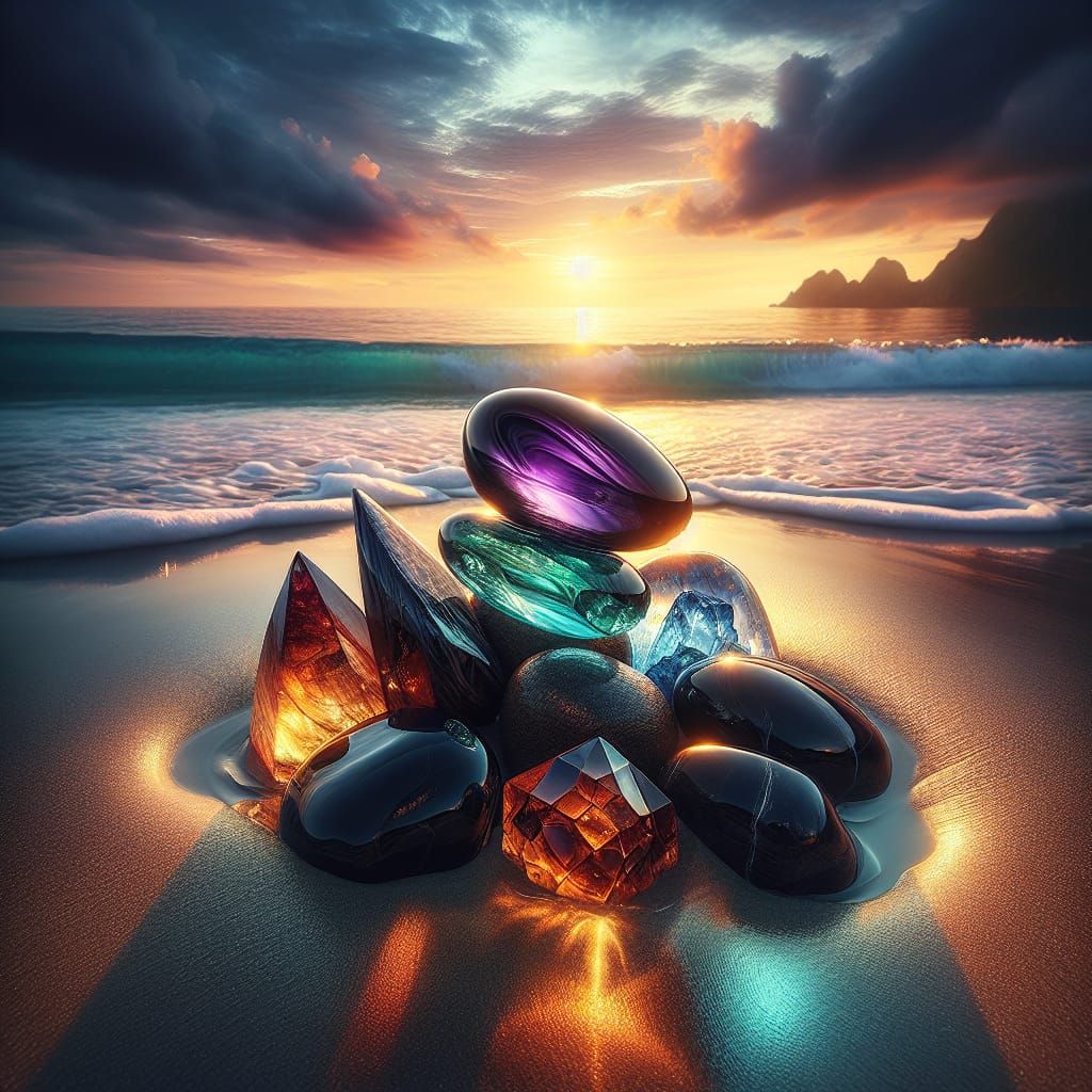 Tranquil Sunset Beach with Stacked Stones