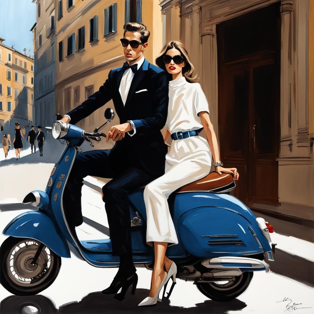 Couple on Scooter in Rome, René Gruau Style