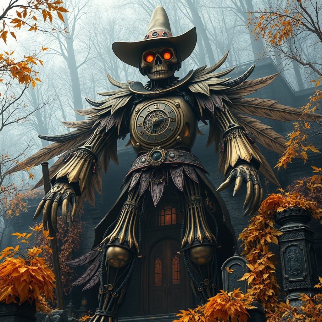 Steampunk Scarecrow Automaton Guards Hidden Autumn Lair