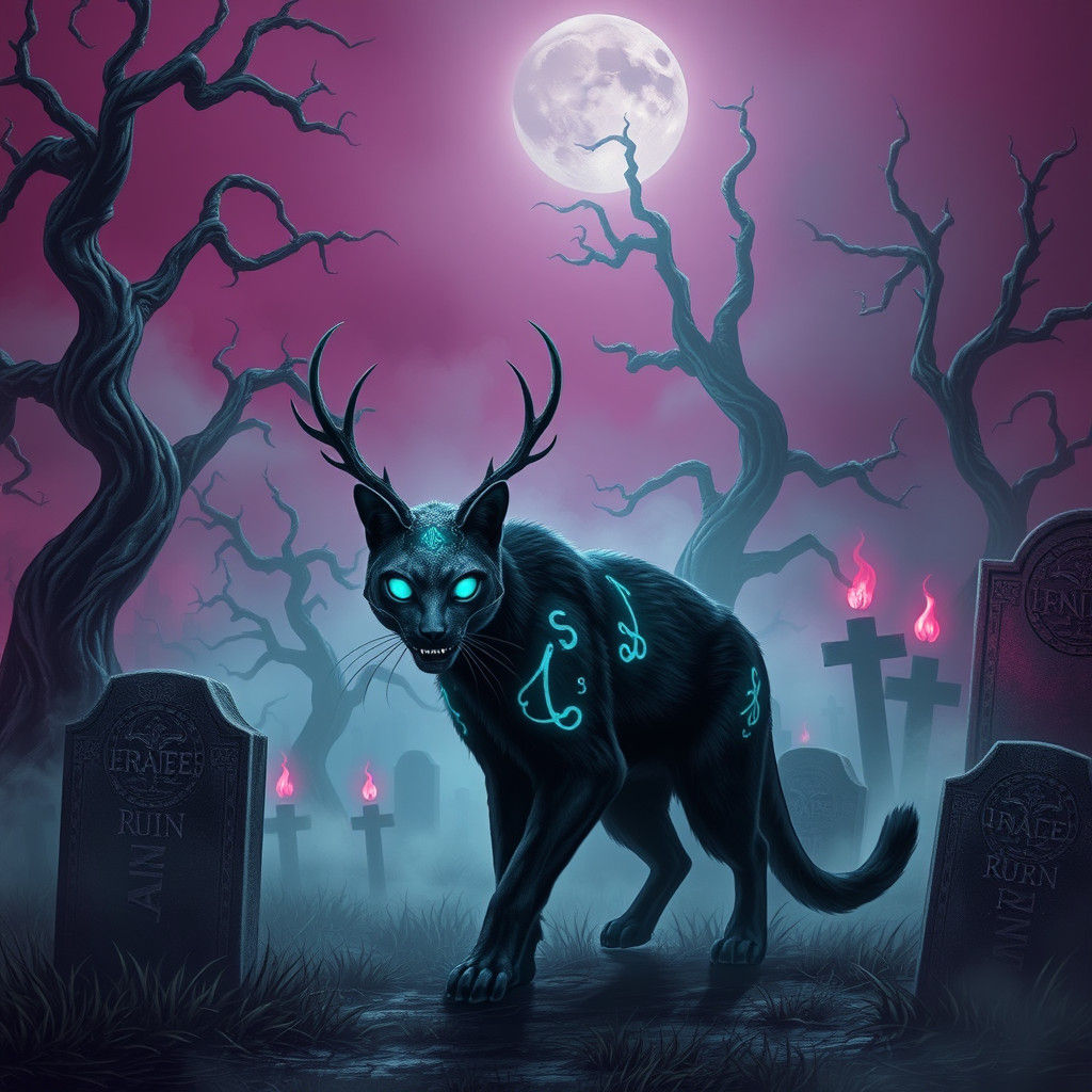 Eerie Black Cat Guardian in Graveyard