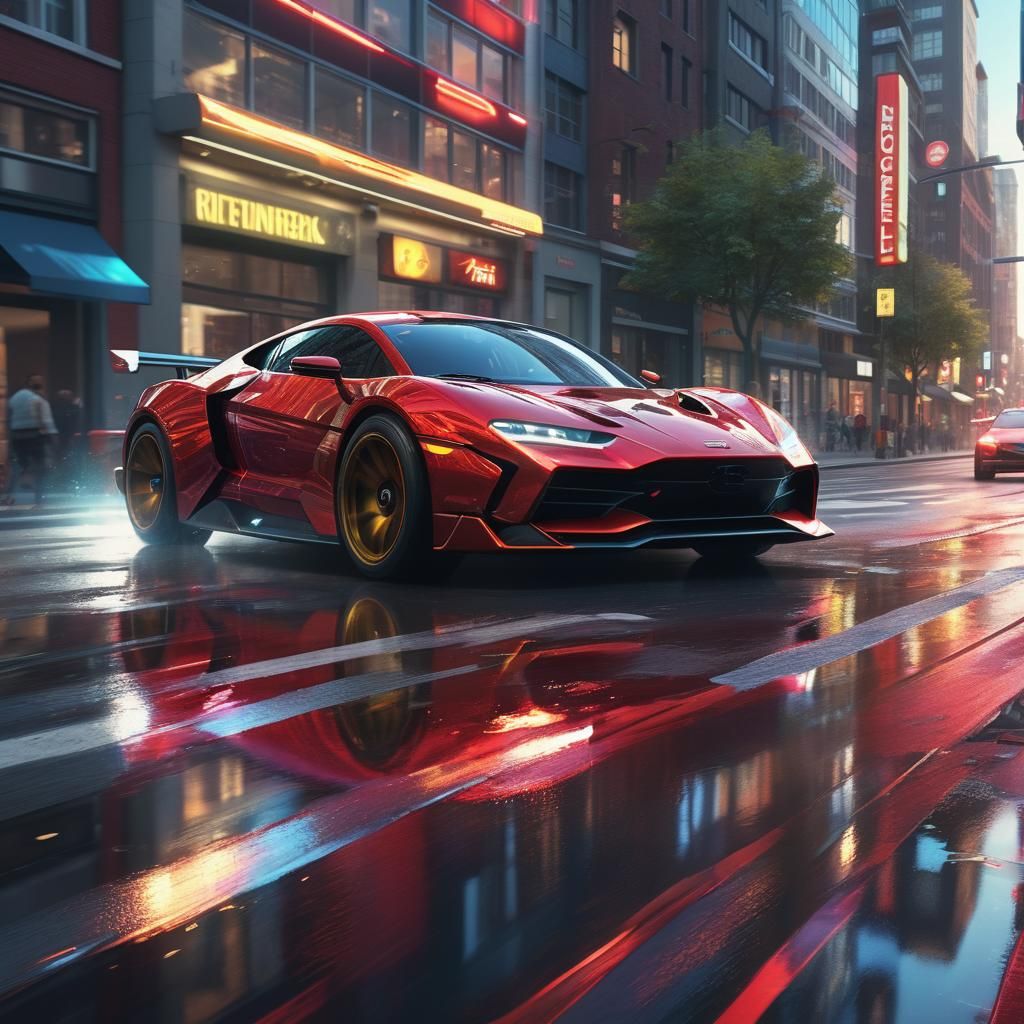 Red Race Car Speeding Through Neon City