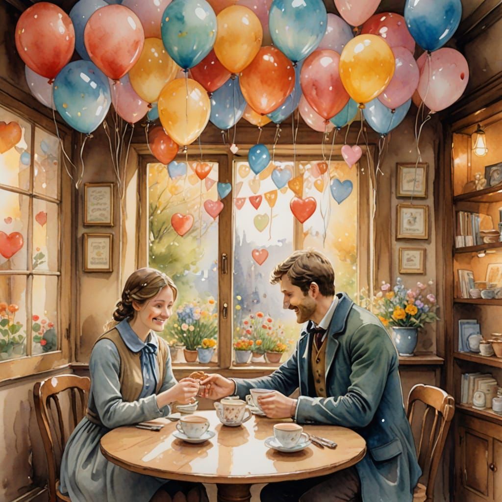 Romantic Watercolor Scene of Couple in Cozy Tea Shop