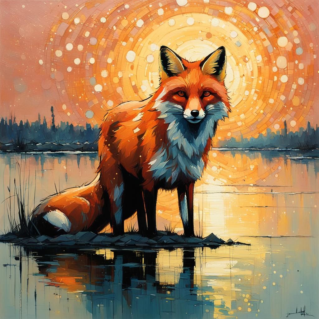 Stylized Fox by Lake at Dawn Painting