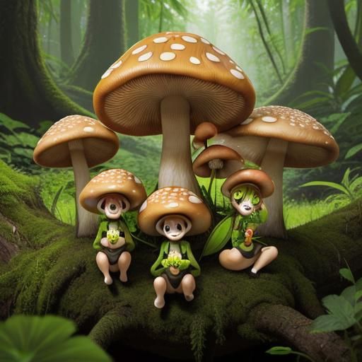 Anthropomorphic Mushrooms in Lush Forest: Macro Photography