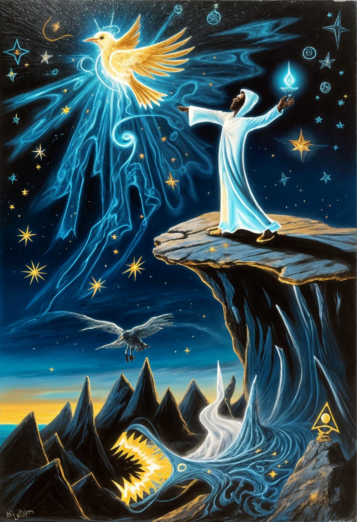 Surreal Fool Tarot Card with Birds and Spells