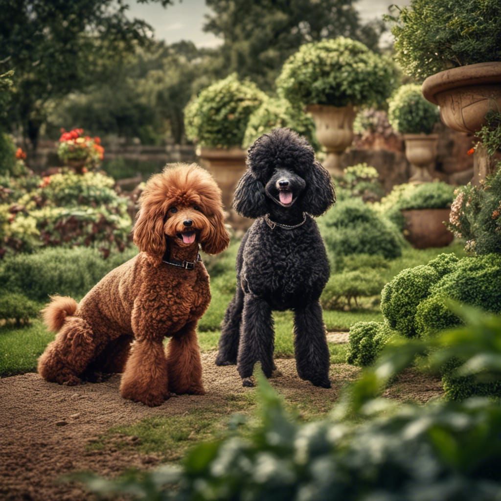 Poodles' Joyful Garden Play: Hyperrealistic HDR Image