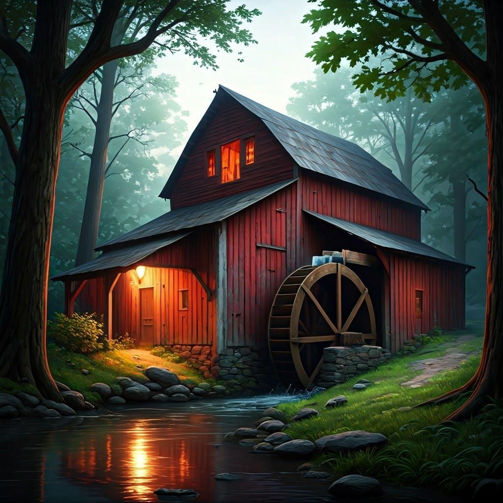Rustic Red Barn by Creek Waterwheel in Dreamy Painterly Styl...