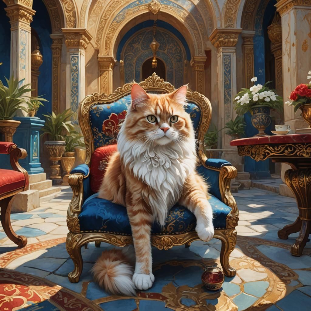 Elegant Cat in Mythical Mediterranean Courtyard