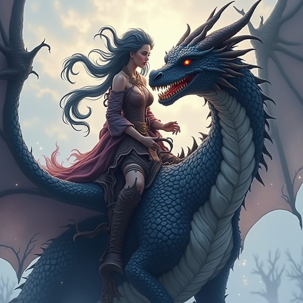 Majestic Shadow Dragon Rider in Hyper-Realistic Ancient Fore...