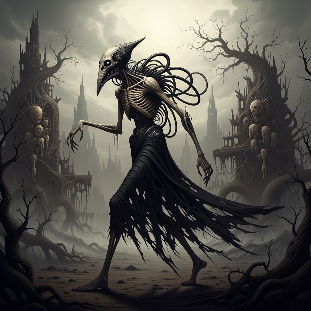 Emaciated Figure in Desolate Biomechanical Landscape