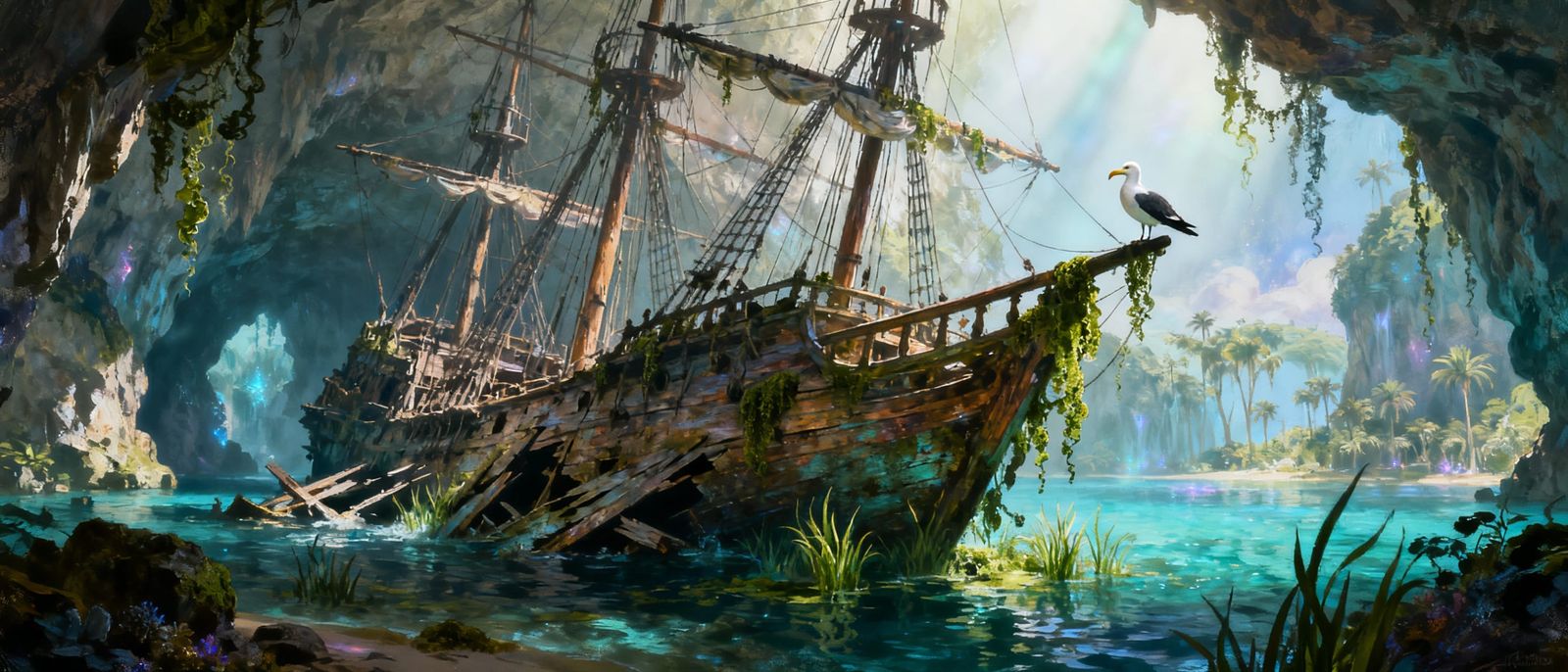 Ancient Pirate Shipwreck in Oasis Cave, Romantic Oil Paintin...