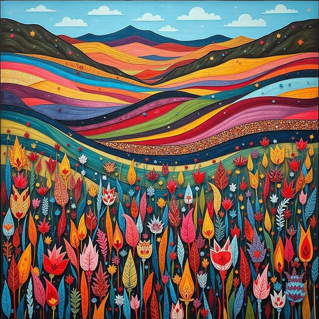 Quilted Landscape in Folk-Art Style