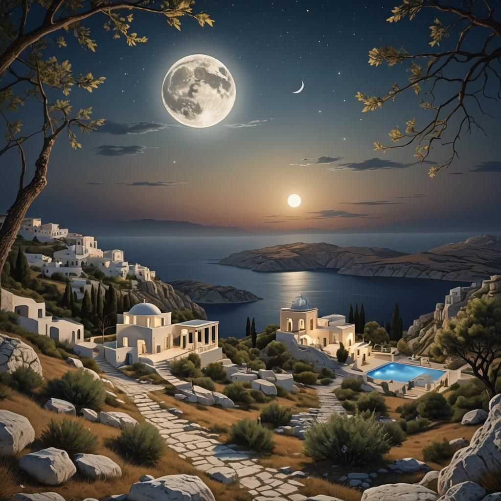 Greek Summer Landscape Under Detailed Full Moon
