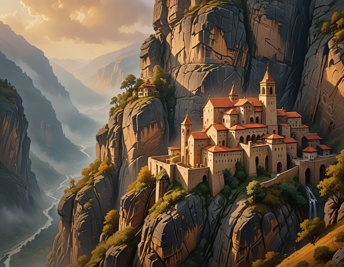 Ancient Cliffside Monastery in Vibrant Oil Painting