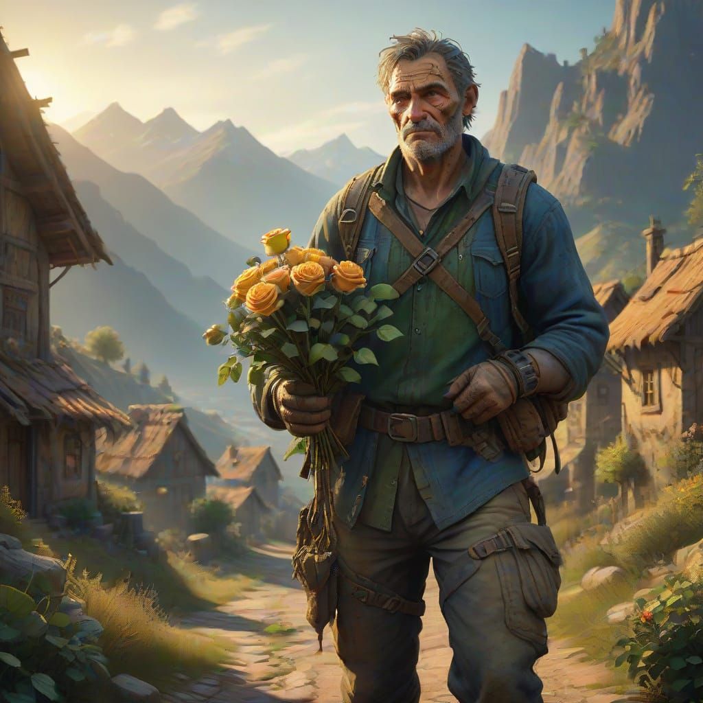 Rugged Gentleman Amidst a Mystical Village at Sunset