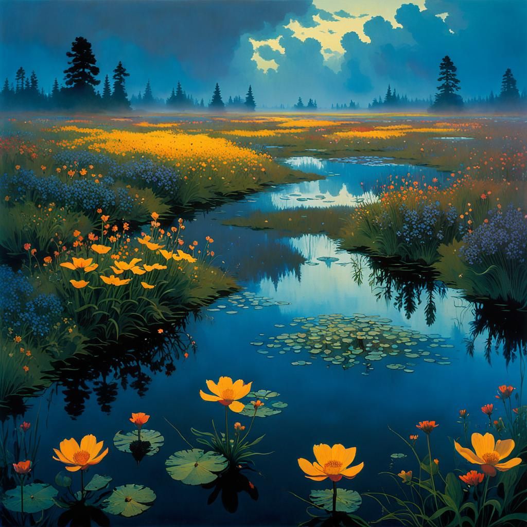 Misty Bog with Wildflowers: Romantic Landscape Art