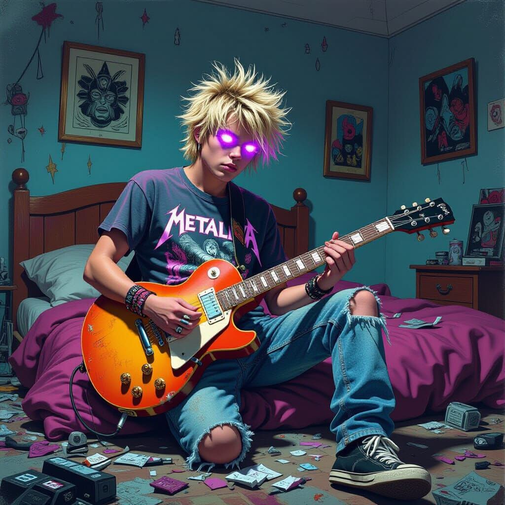 Beavis Plays Guitar in Psychedelic Steadman-Mead Style