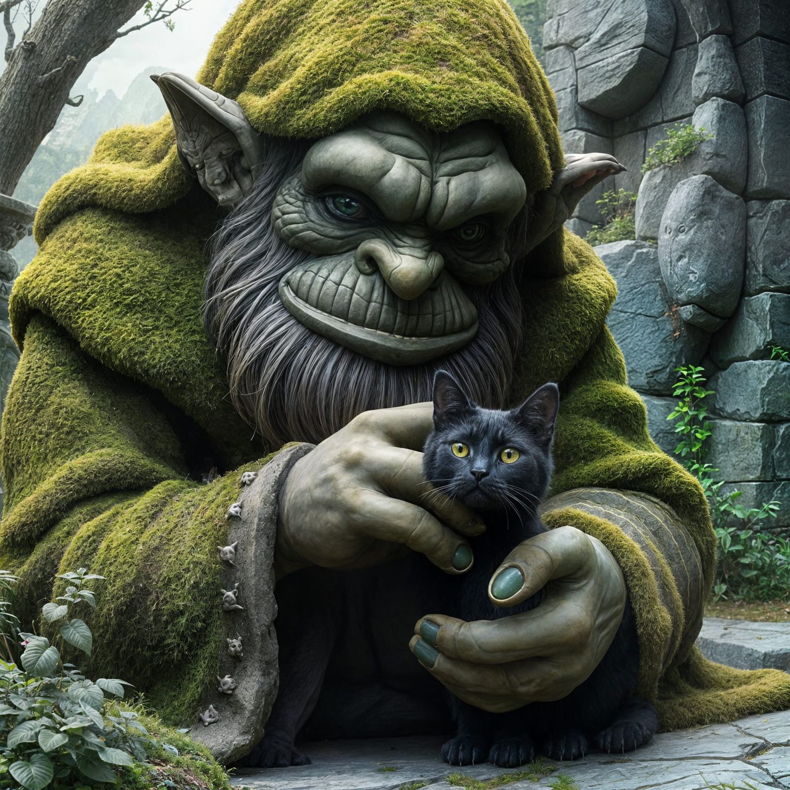 Stone Troll and Black Cat Friendship