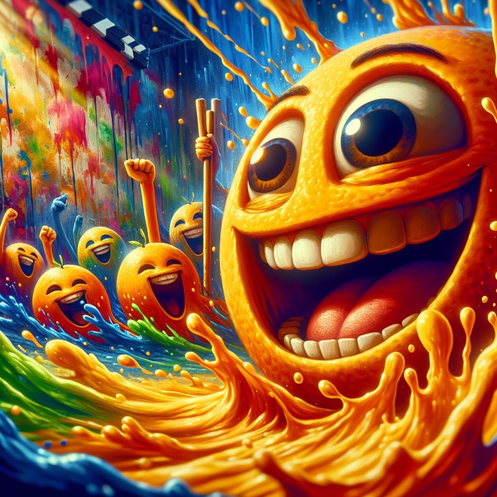 Laughing Orange Fruit in a Cinematic Film Still