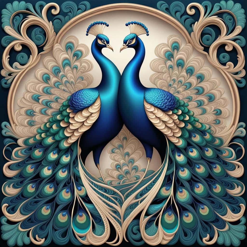 Ornate Needlepoint Peacocks in Zentangle Style