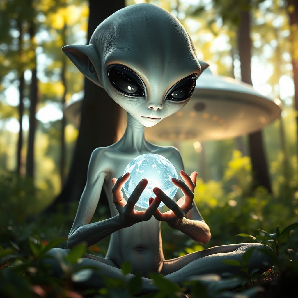 Serene Alien Meditates in Peaceful Forest
