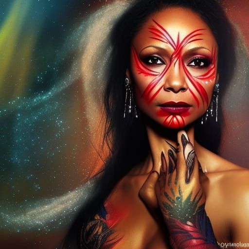Beautiful Woman with Tribal Makeup in Detailed Matte Paintin...