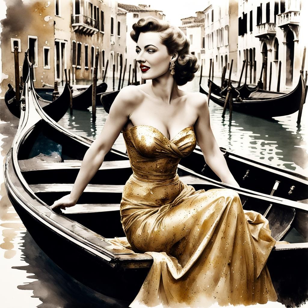 1940s Pinup in Gondola, Watercolour With Ink Splashes