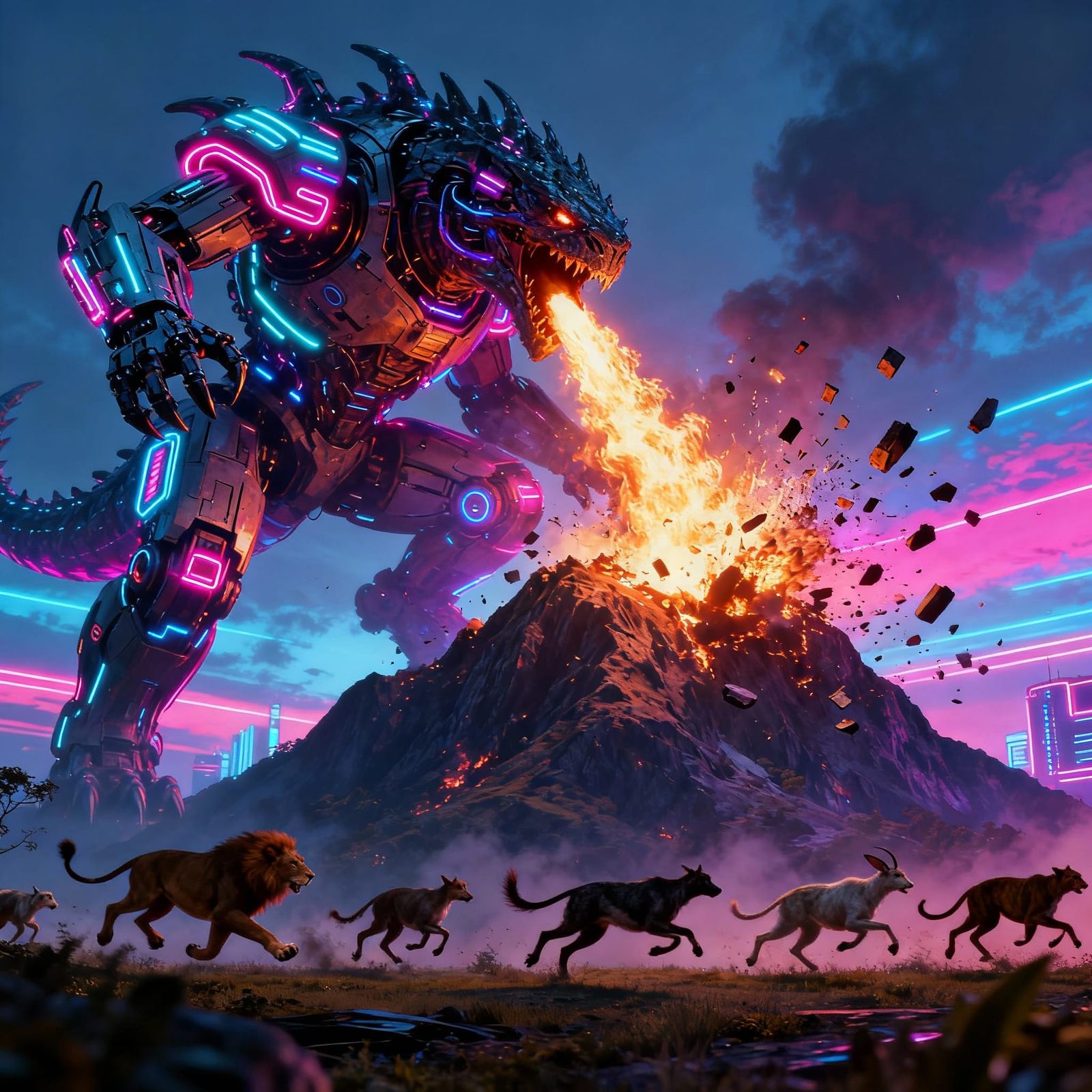 Cyberpunk Mechanical Monster Destroys Mountain, Animals Flee