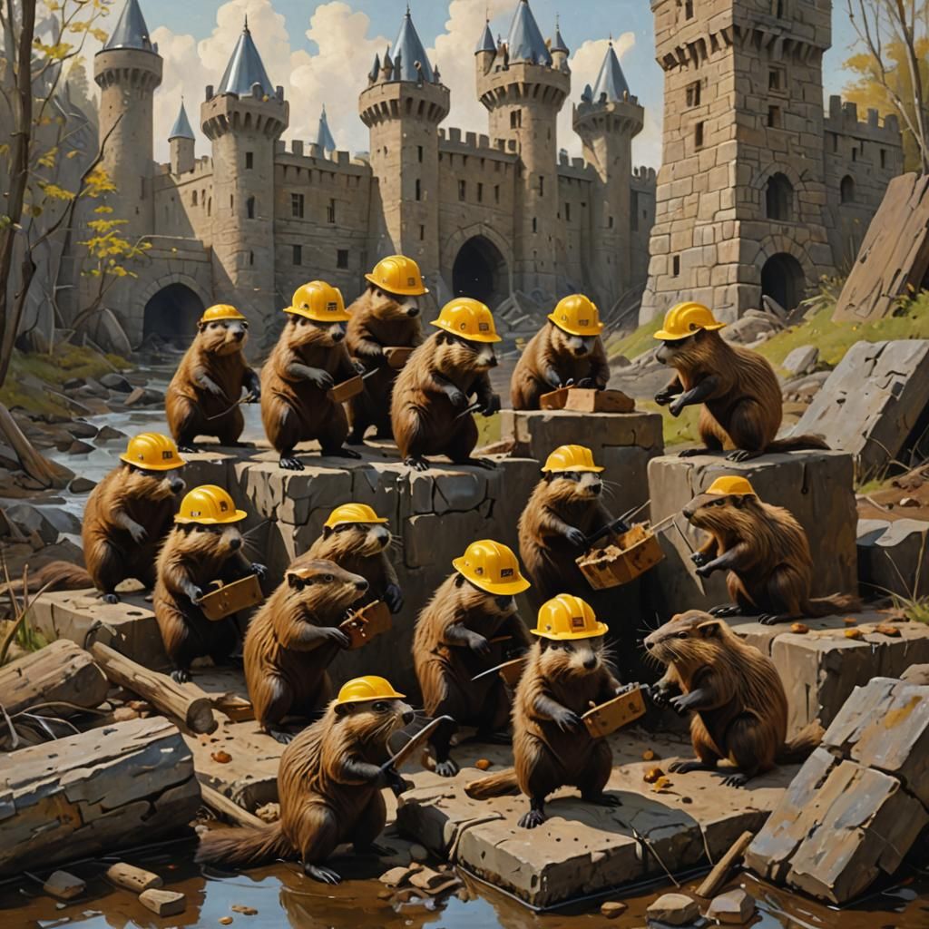 Beavers Building Castle as Oil Painting