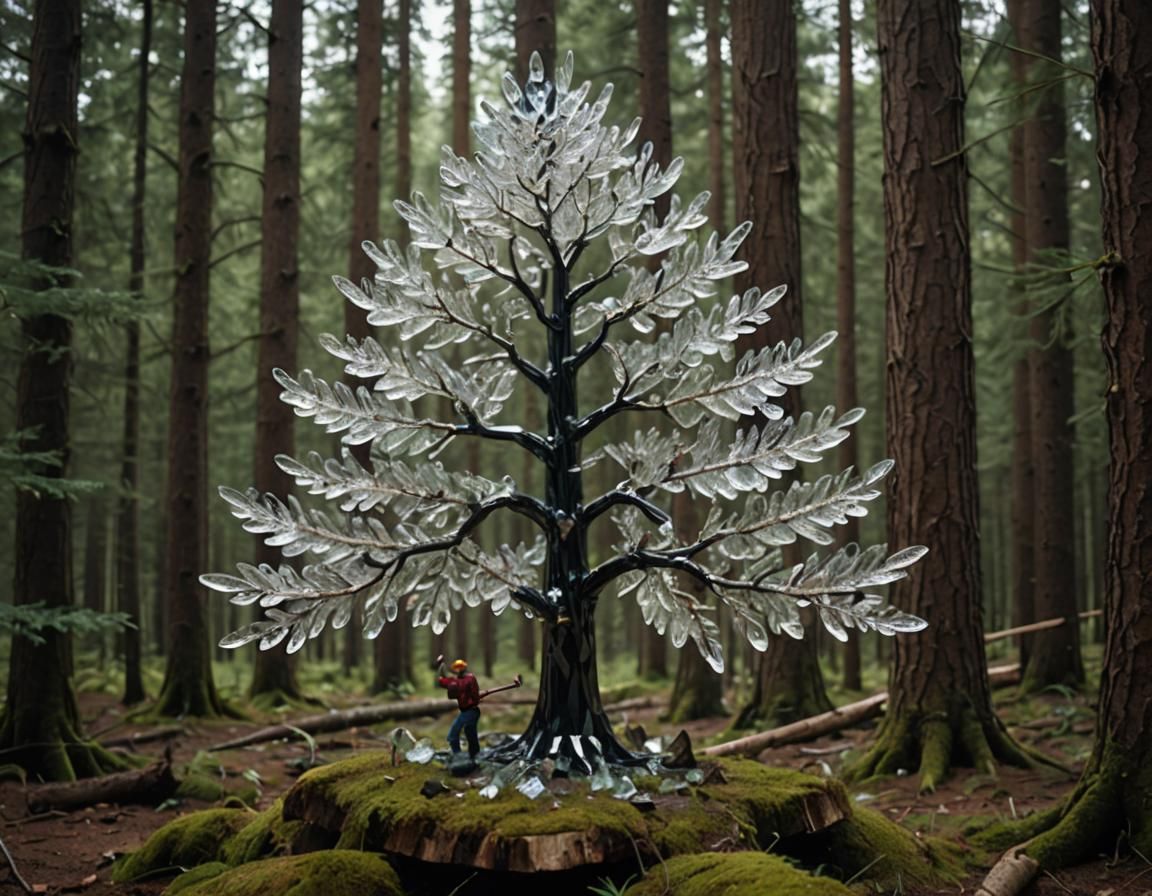 Lumberjack and Crystal Glass Tree in Forest