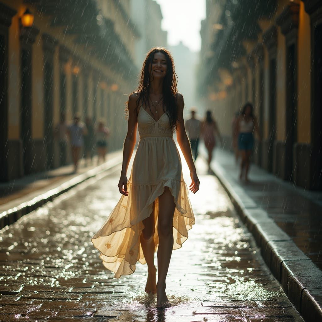 Joyful Woman Walks in Summer Rainstorm
