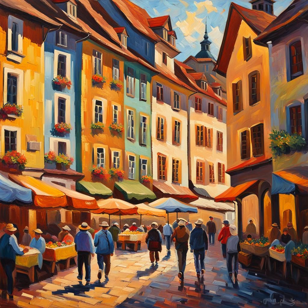 Chur, Switzerland Market in Neo-Impressionist Style